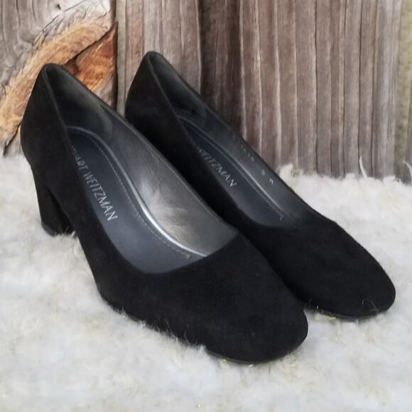 Classic Square Toe Pumps Stuart Weitzman Marymid Size 5 Black Suede Leather Heel - Picture 2 of 13